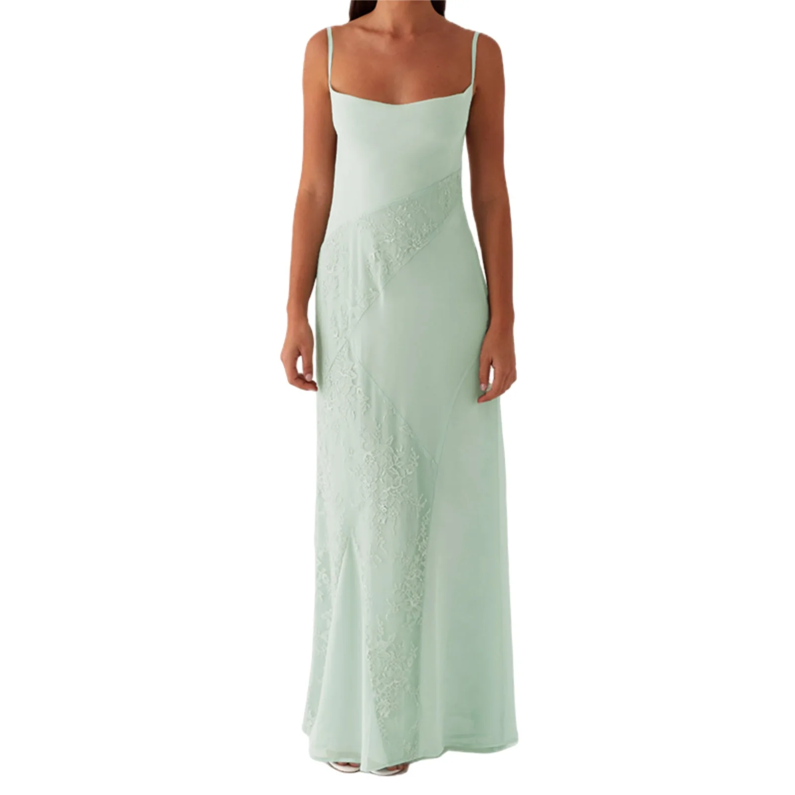 Vestido largo de mujer de encaje de retazos sin mangas vestido camisola de verano con lazo sin espalda vestido de tirantes finos