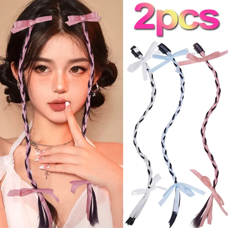 Y2K Fashion Wig Braid Tissued Boxing Braids Girls Women's Handmade Woven Ribbon Bow Traceless Invisible BB Clip DIY Hairstyle