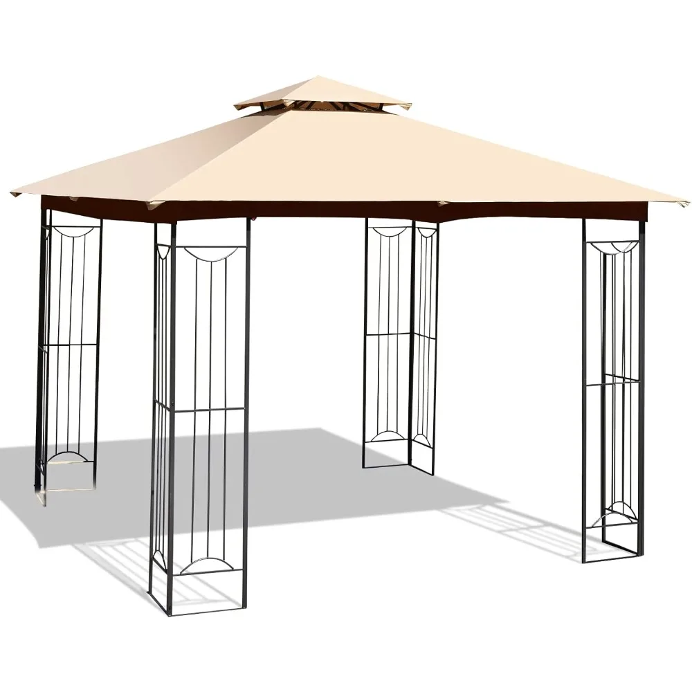 

10 x 10 FT Patio Gazebo, Double Roof Outdoor Gazebo with Steel Frame, Patio Pavilion Shelter for Poolside, Deck, Backyard (Beig