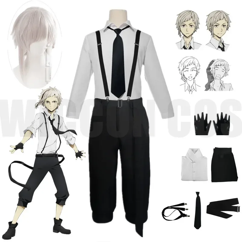 Nakajima Atsushi Cosplay Costume Wig Anime Bungou Stray Dogs Season 4 Hunting Dog Shirt Pants Straps Tie Gloves Short Hair Suit