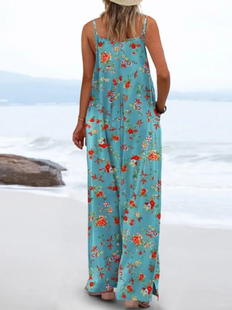 New Women's Fashion Sling Printed Pocket Loose Jumpsuit Summer Autumn Versatile Casual Womens Wide Leg Jumpsuits & Rompers