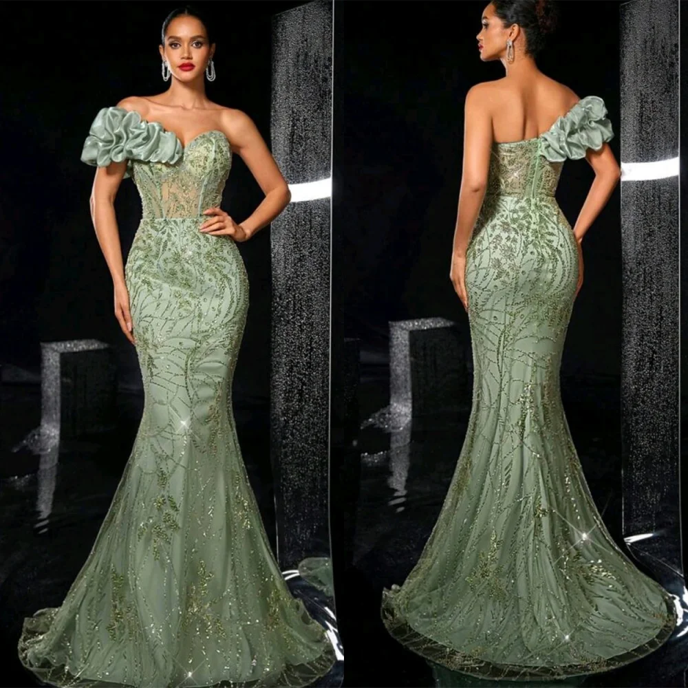 

Customized Fashion Green Jersey Homecoming Dress Classic Strapless One Shoulder Tiered Flowers Zipper Back Vestido De Festa