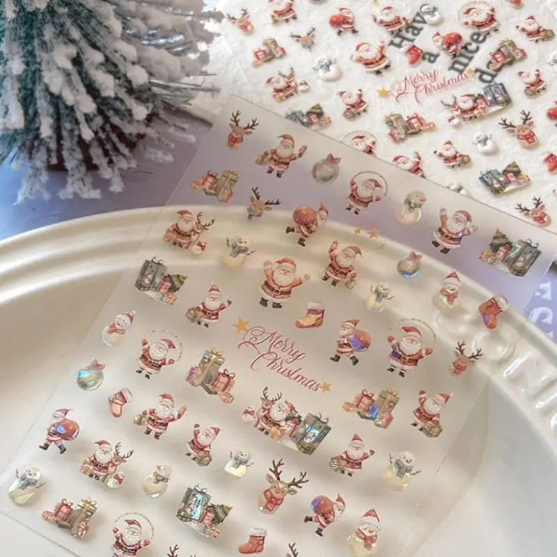 Adesivi per unghie di Natale Fiocco di neve in rilievo Albero di Natale 3D Babbo Natale Alce Pupazzo di neve Cartone animato Indossare adesivi per unghie Decorazioni per manicure