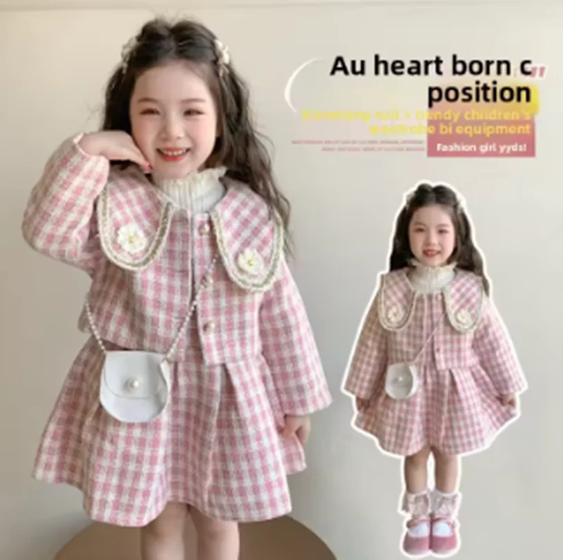 

Girls Fragrant Wind Suit Dress Spring Autumn Foreign Style Middle Large Children Fashion Doll Collar Plaid Dress Two-piece Set