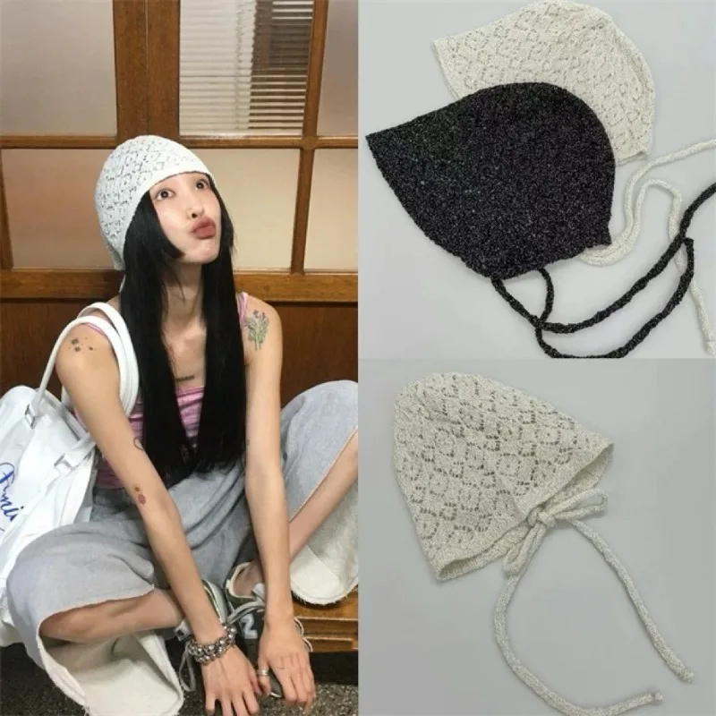 Korean Designer Strap Beanies Caps for Women Summer and Autumn Thin Hollow Breathable Versatile Sweet Retro Knitted Hats