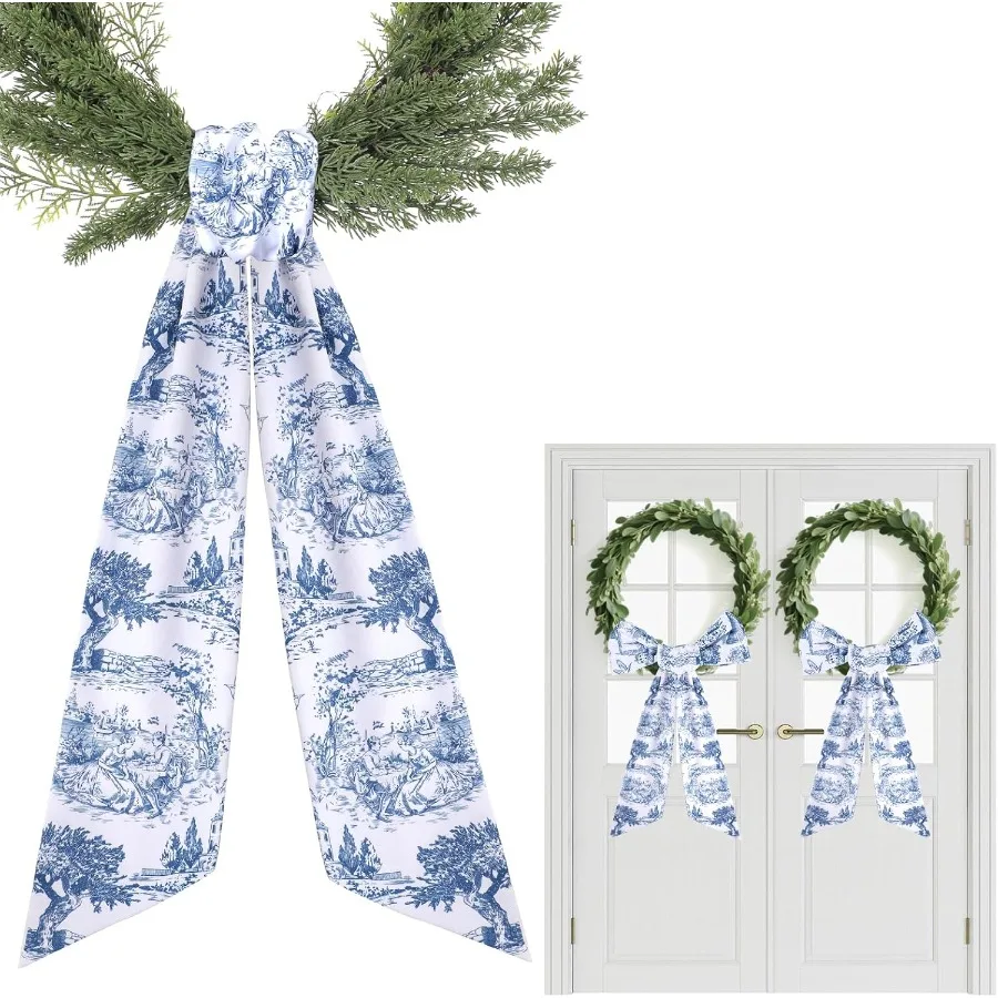Blue Freh Toile Sash for Wreaths 2 Pcs Rustic Wreath Sashes for Front Door Kitchen Cabinet Wreath Sash for Monogram Embroidery