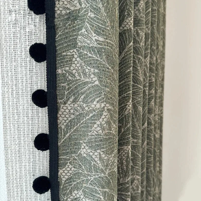 Vintage Green Cotton and Linen Leaves Jacquard Thickened Chenille Curtains for Living Room Bedroom French Window Balcony Window