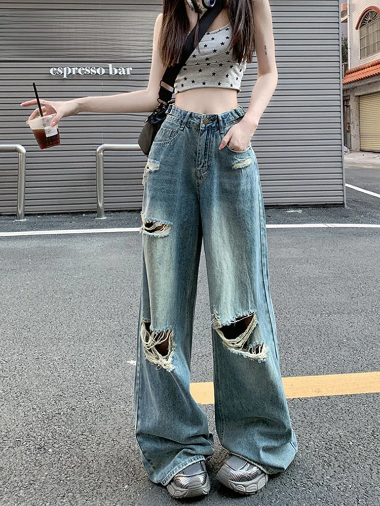 American Style High Waist Wide Leg Jeans Women's Summer New plus Size Design Sensation Small Audience Loose Fit Pants