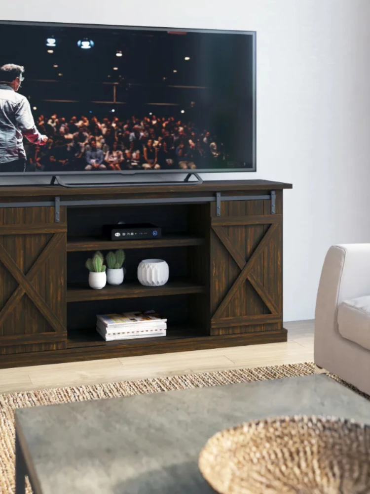 Farmhouse TV Stand for TVs up to 70 inches with Sliding Barn Doors in Saw Cut Espresso  tv stand living room furniture