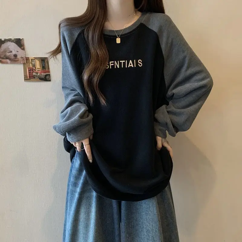 Spring Autumn New Patchwork Contrast Letter Printing Tops Long Sleeve O-neck Loose Casual T Shirts Fashion Vintage Women Clothes