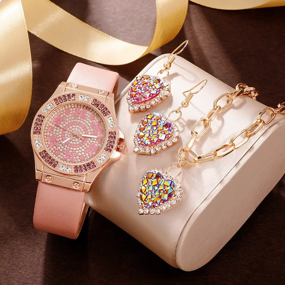 4PCS Set Colour Luxury Watch Women Necklace Earrings Rhinestone Quartz Wristwatch Female Casual Ladies Watches Montre Femme