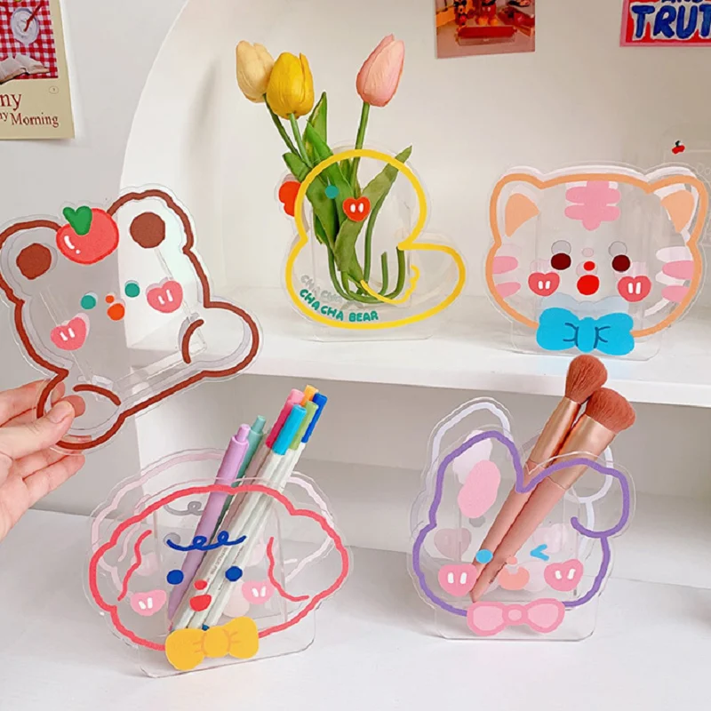 Creative Pen Barrel Simple Acrylic Pen Barrel Transparent Student Desktop Decoration Sweet Tea Bear Multifunctional Stationery