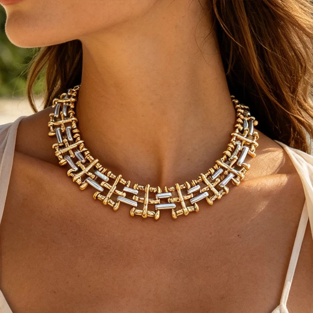 Vintage Gold-Silber Geflochtener Gewebter Halsreif für Damen, Auffällige Metallketten-Halskette, Schmuck für Feiertage und Partys – Detail 2