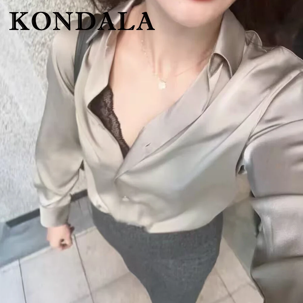 Kondala chique moderno elegante cetim luxuoso blusa prateada em linha reta professor camisa moda 2025 outono senhora do escritório camisa feminina