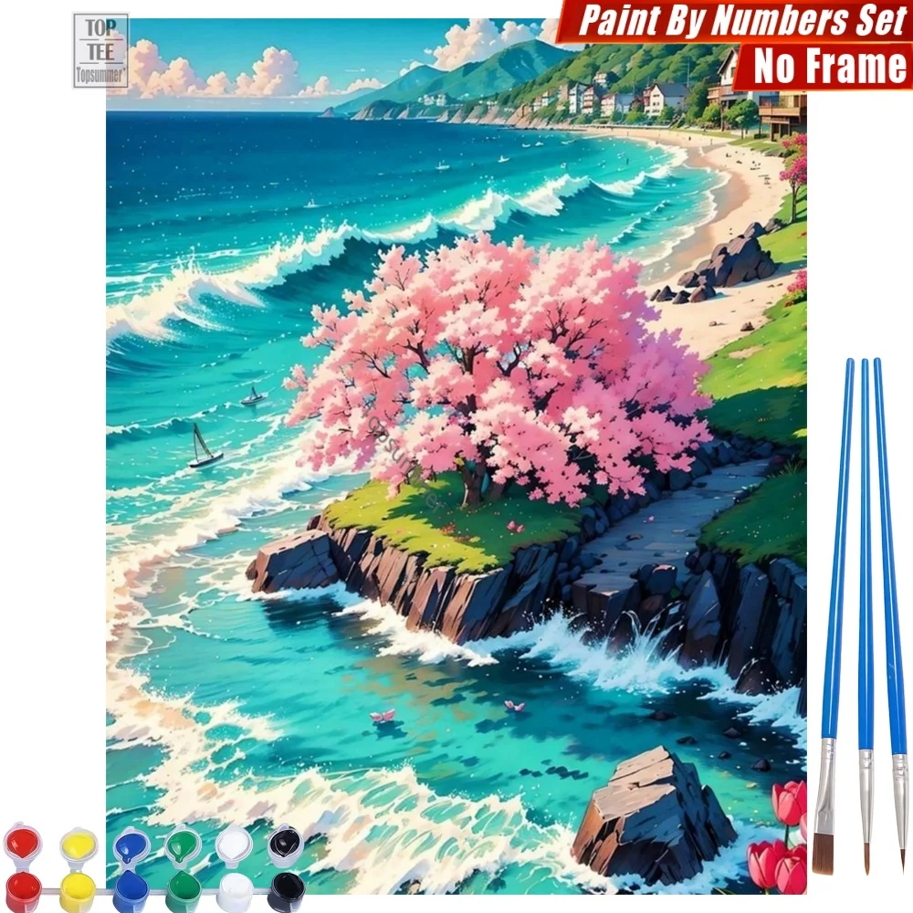 

Pastel Seaside Cherry Digital Oil Painting Set - Soft Colors Waves Artistic Activities Easter Gift For Beach Lover
