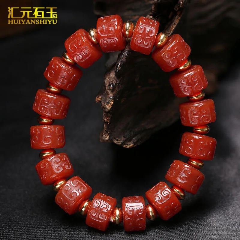 Antique Old Agate Back Pattern Abacus Carved Men and Women Chalcedony Tibet Beads Bracelet