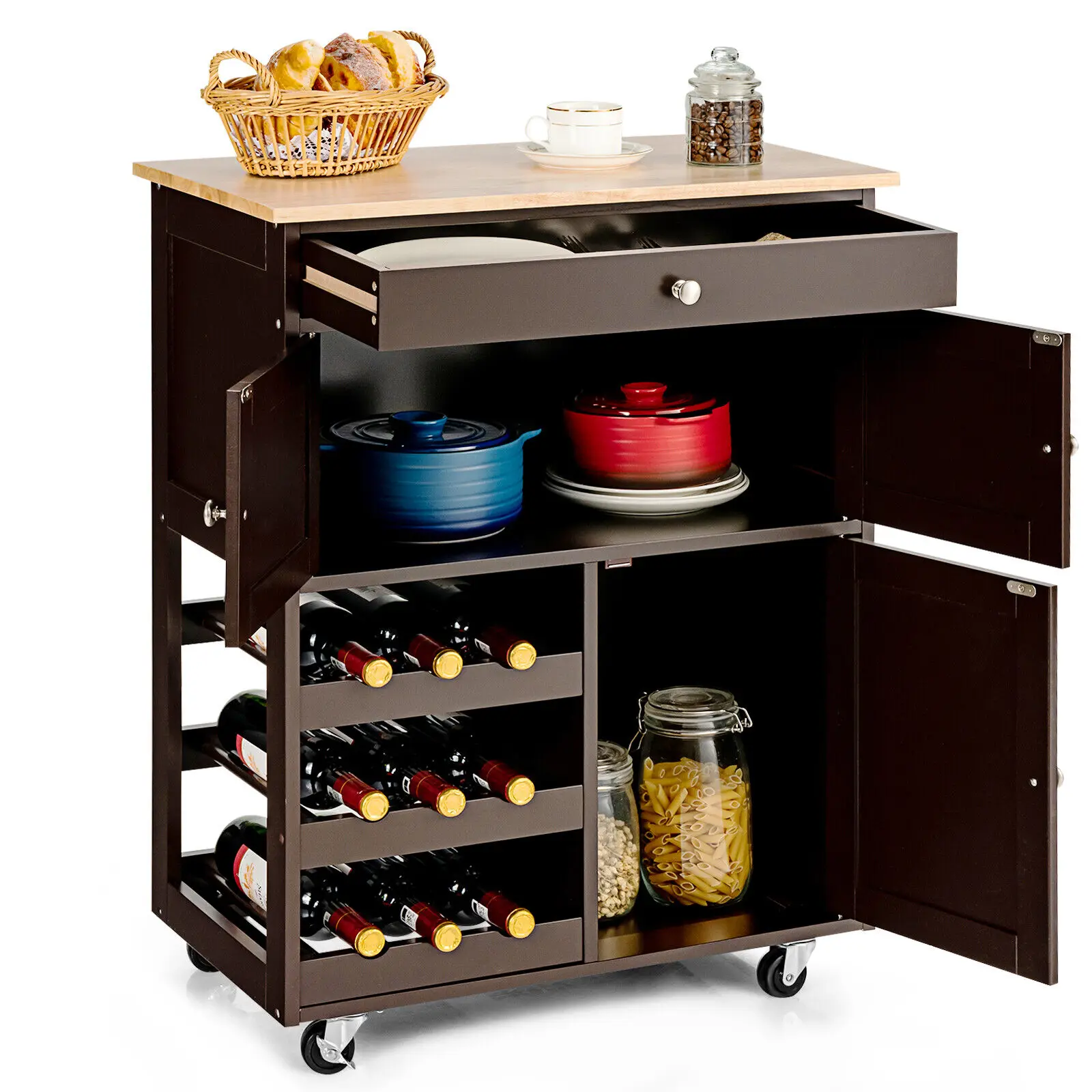 GOFLAME Rolling Kitchen Storage Trolley Cart Cupboard Island Cabinet 3 Tier Wine Rack