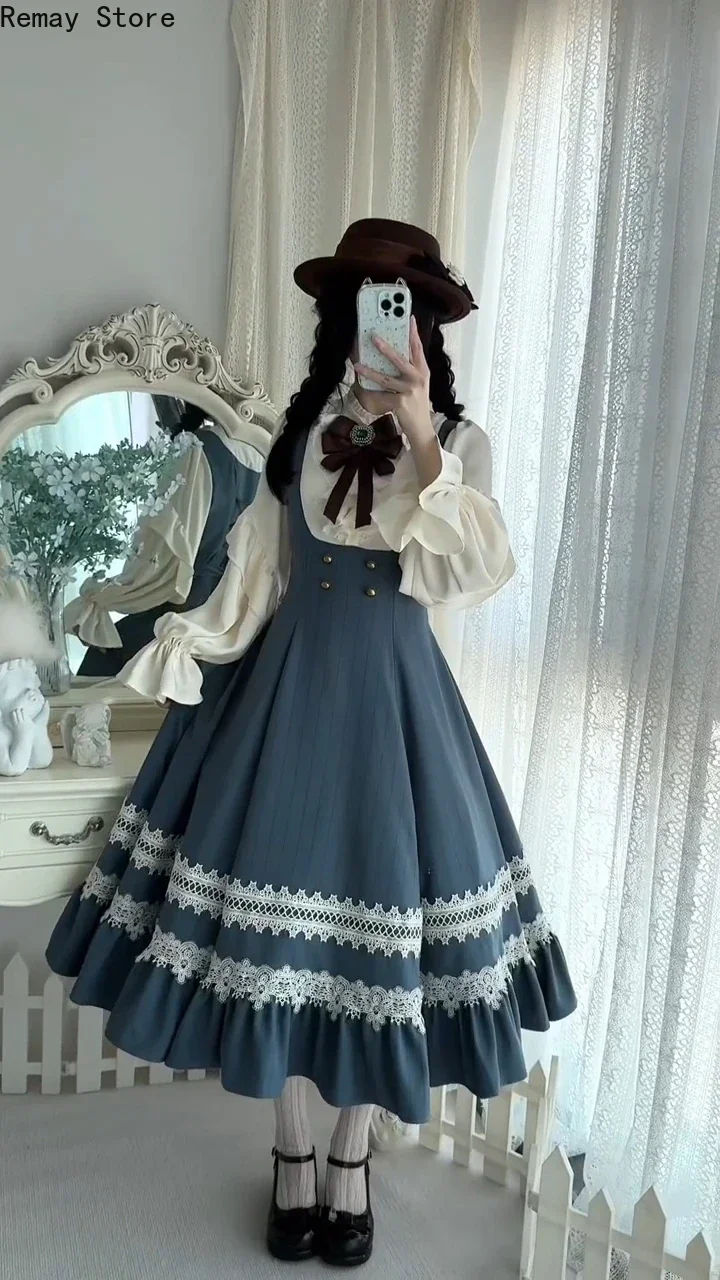 Elegant Gothic Dark Classic Lolita Women Lace Ruffle Hem Long Sleeve Vintage Dress Formal Evening Party Outfit 2026 Dress Trends