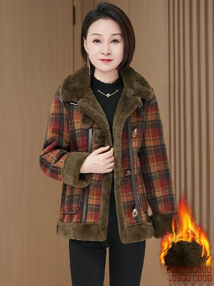 레트로 체크 양털 코트 여성용 패셔너블 따뜻한 겨울 외투 코트 여성용 겨울옷