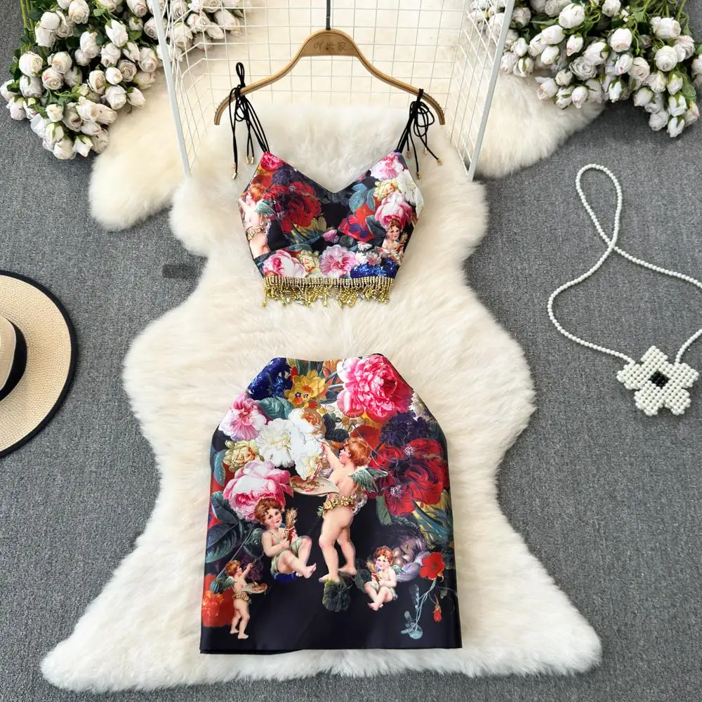 

Fashion Runway Summer Skirt Suit Women's Bow Spaghetti Strap Beaded Tassel Short Tops + Printed Mini Skirt 2 Two Piece Set