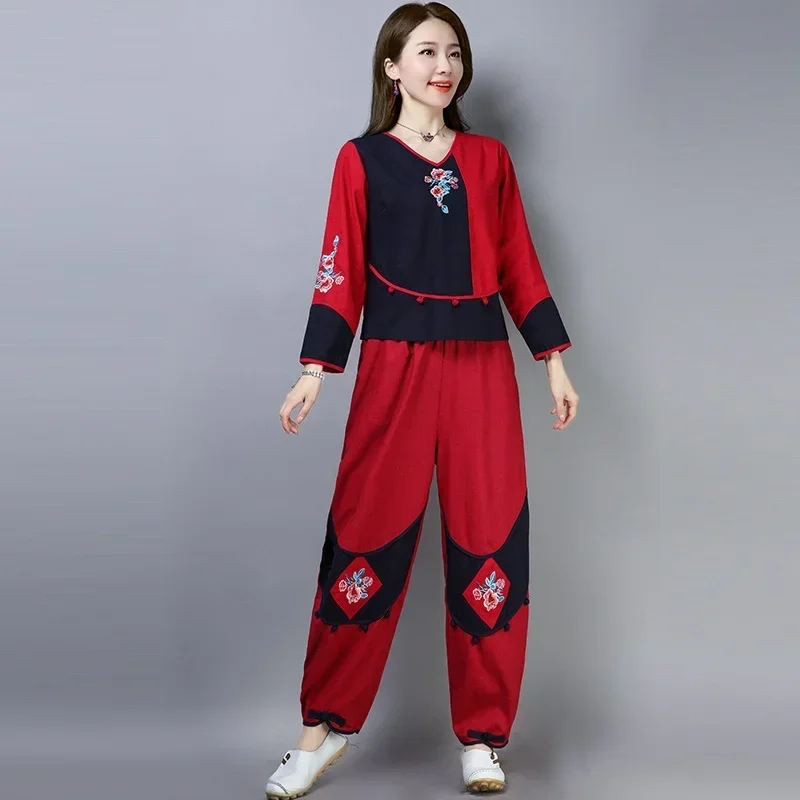 Ethnic 2 Piece Sets Women Chinese Tang Suit Linen Cotton Harem Pants Trouser Long Sleeve Top Kung Fu Tai Chi Uniform 11782 MN8