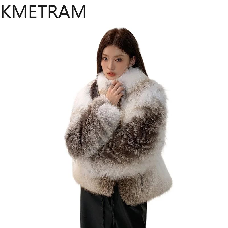 KMETRAM Natutal Finnish Color Fox Fur Jacket Women Luxury Stand Collar Short Coats Winter Warm Fur Coat Woman Clothing 53cm 2026