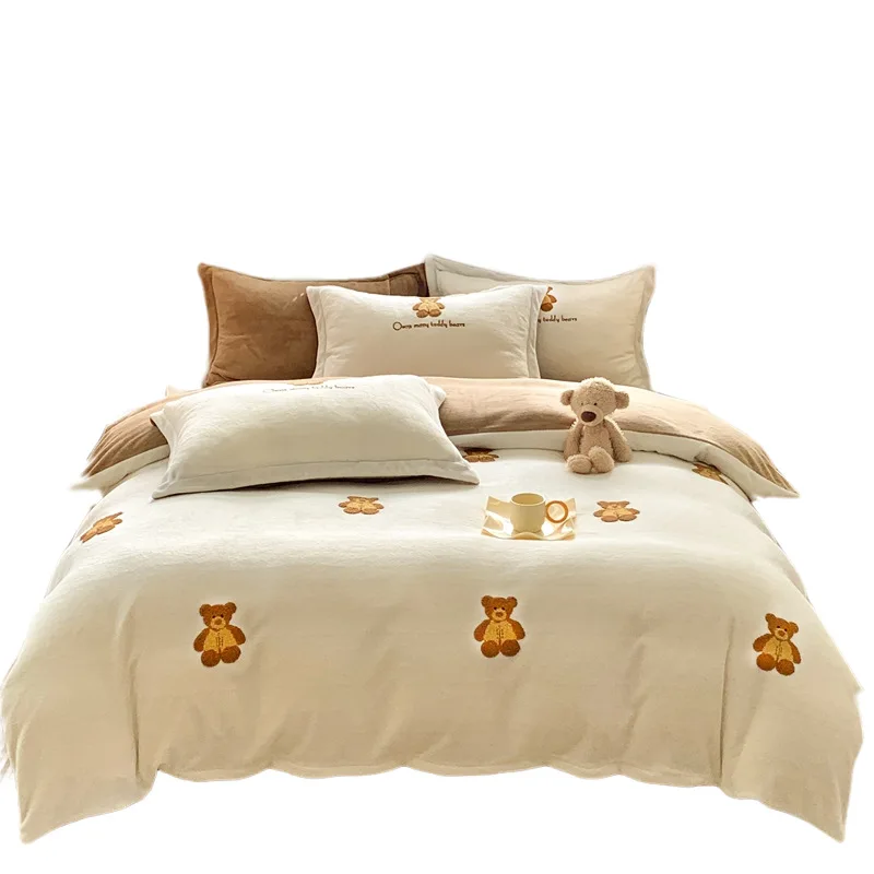 

Autumn and Winter Thickened Milk Flour Four Piece Set, Simple Embroidery, Warm Bed Sheet and Quilt Cover