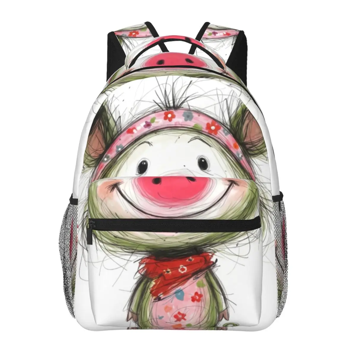 Personalized Girls Backpack Center Green Pig Whimsical Hand Drawn White Green Red Cute Printed Bookbag for School College Daily