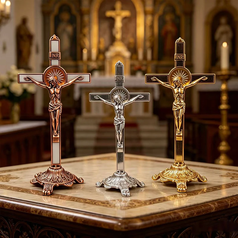 Neues 26cm großes zweifarbiges (Gold-Silber) stehendes Kruzifix mit Jesusfigur und Sockel für Kirchenaltar, Gebet, christliches religiöses Geschenk, Dekoration – Detail 3