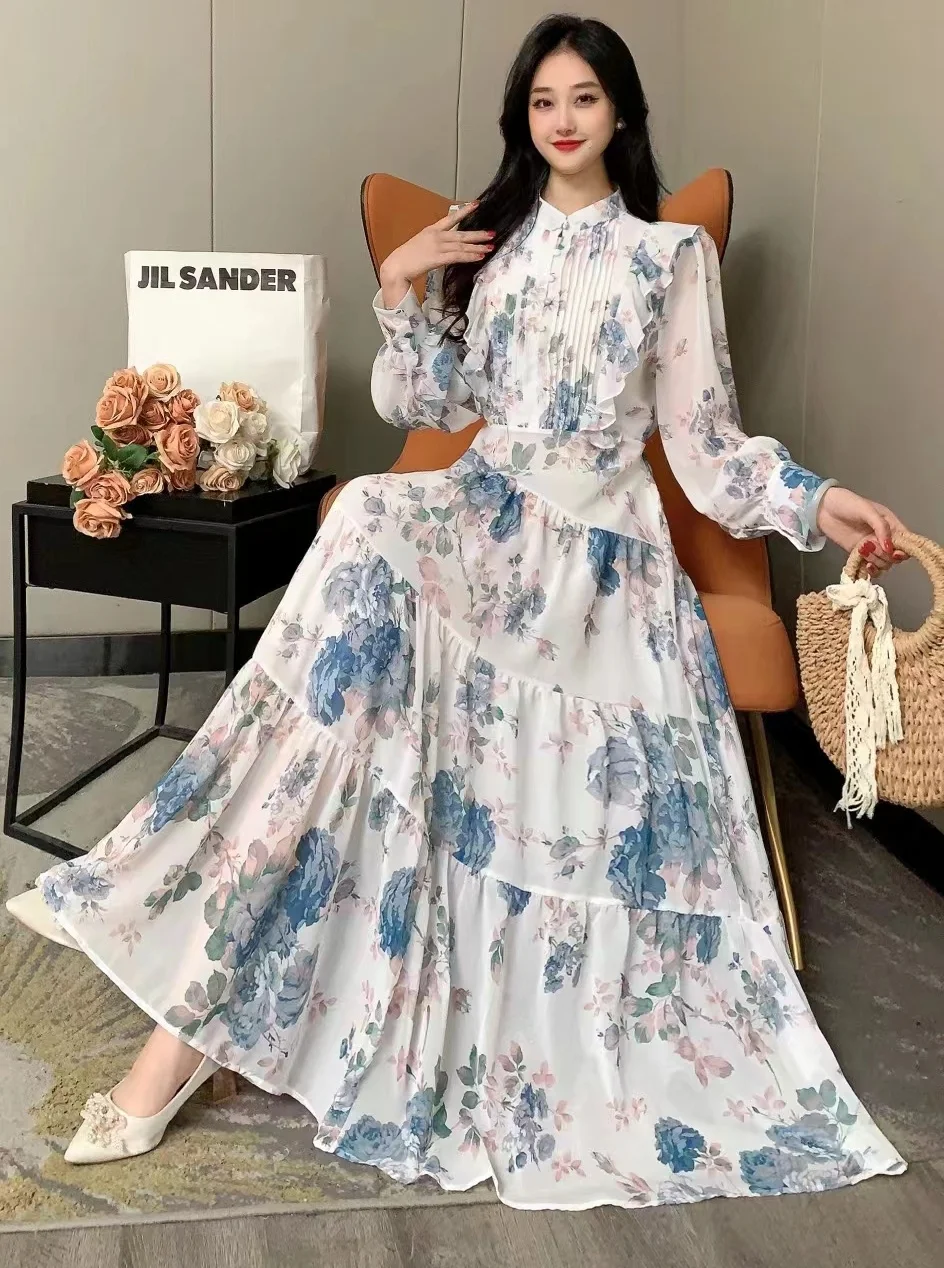 2024 New Spring Autumn Women Long Sleeve Slim Long Dress High Quality Sweet Ruffles Big Hem Chiffon Floral Dress 6 Colors