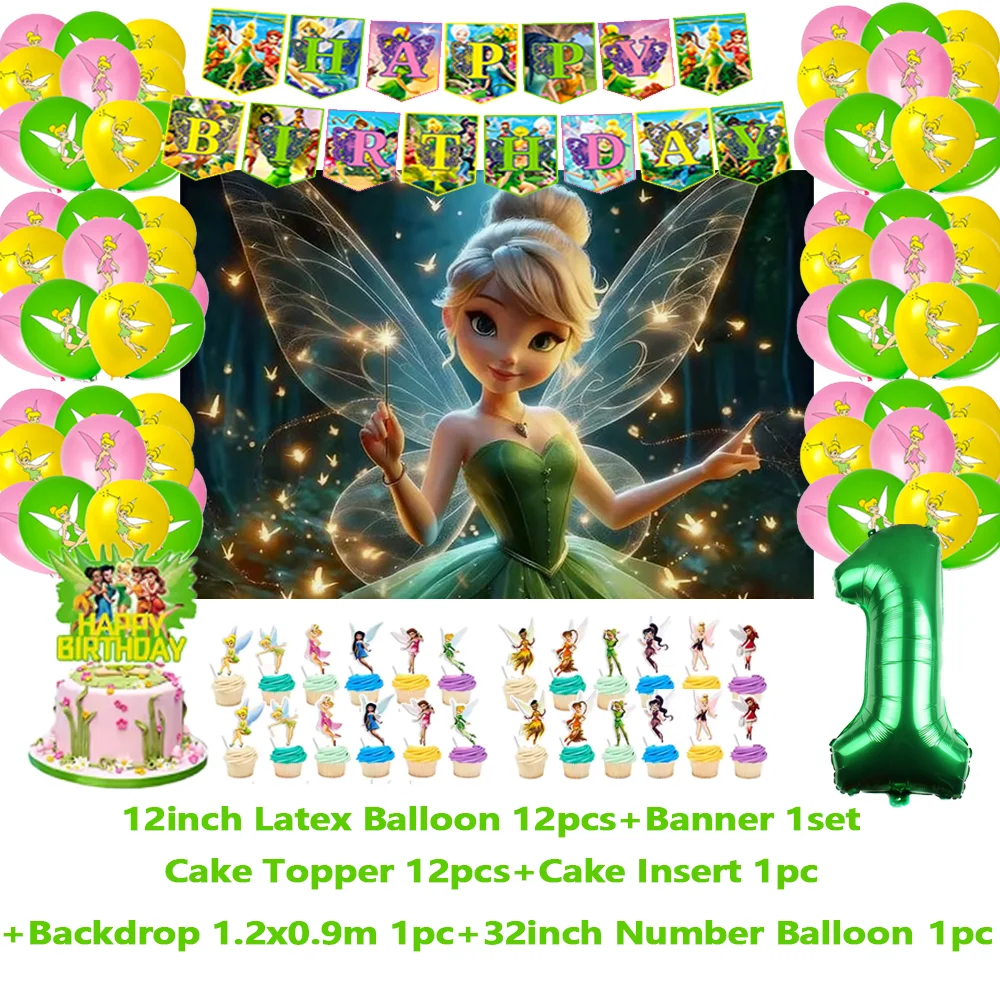 ديزني تينكر بيل موضوع حفلة عيد ميلاد زينة خلفية الكرتون الجنية الجان بالون كعكة توبر لوازم استحمام الطفل الدعائم