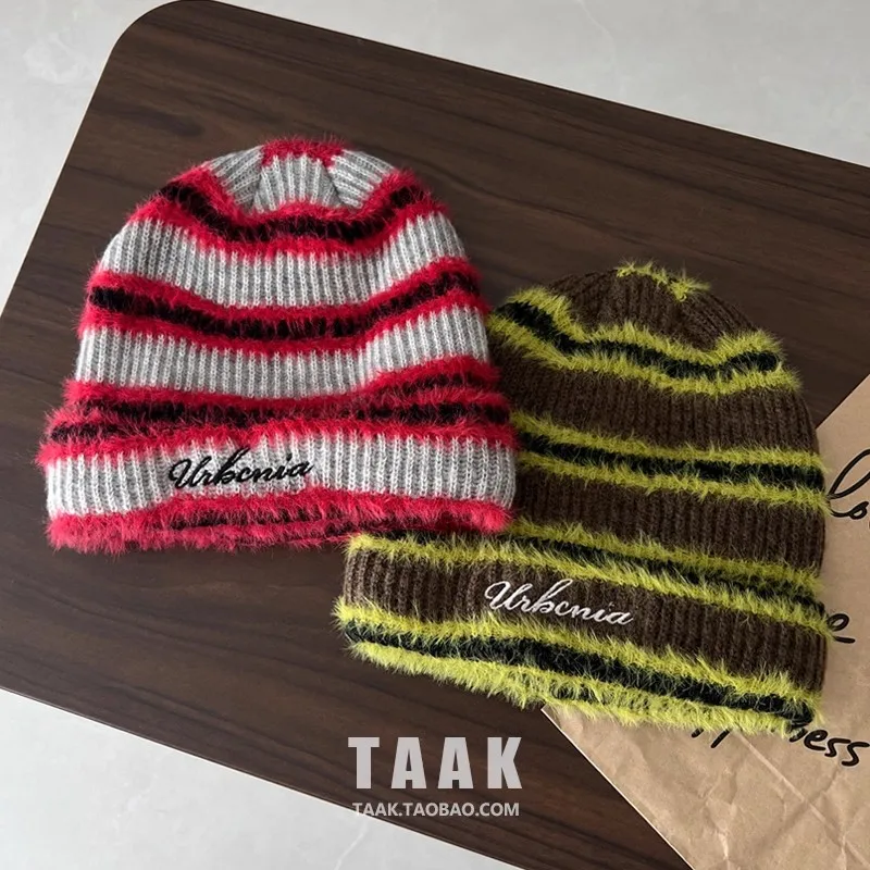 Dopamine Contrasting Color Striped Plush Knitted Pullover Hats Women Winter Street Fashion Warm Personality Beanies for Men