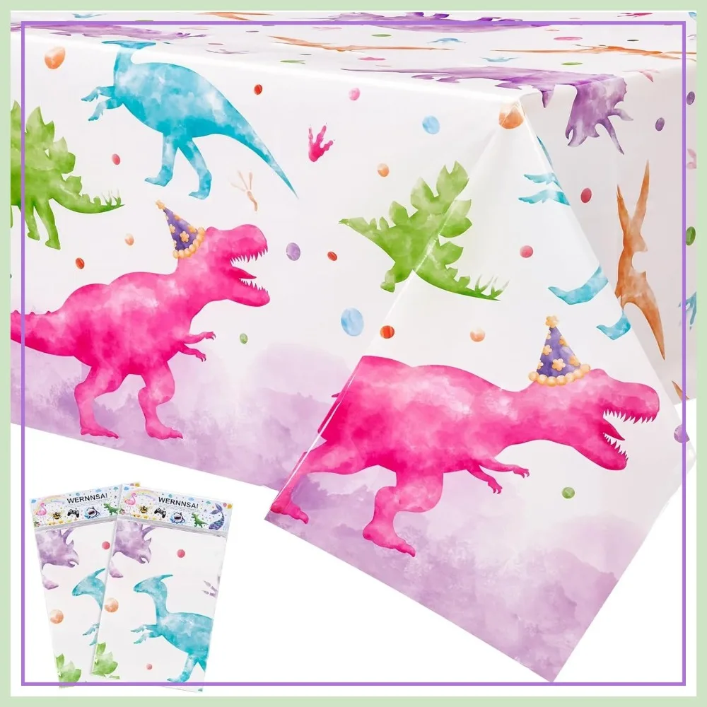 

Dinosaur Tablecloth 2-Pack 54x108 Inch Pink Dino Birthday Party Decoration Disposable Plastic Table Cover for Dining Picnic