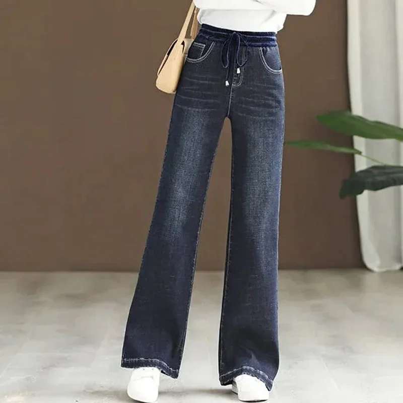 Oversize Elastic High Waist Wide Leg Jeans Vintage Lace Up Baggy Vaqueros Spring Casual Denim Pant Wash Straight Trousers Women