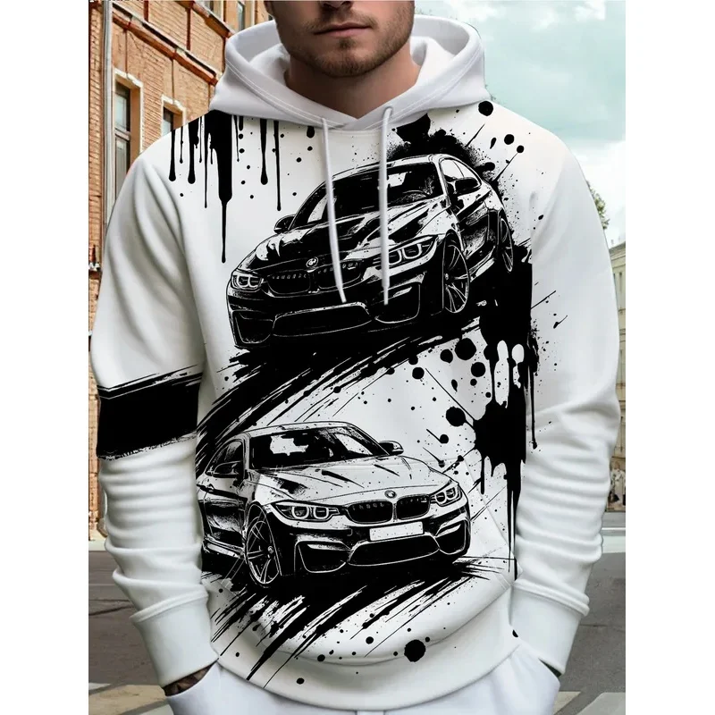 3D Print Hoodie Men Sports Racing Car Ink Splash Sketch Vehicle All Over Print Drawstring Casual Hooded Sweat Top