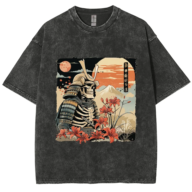 

Japanese Movie Style Skull Print Washed T-Shirt Loose Cotton Mid Sleeve Teen Student Casual Design Fashion Top 2024 New Style