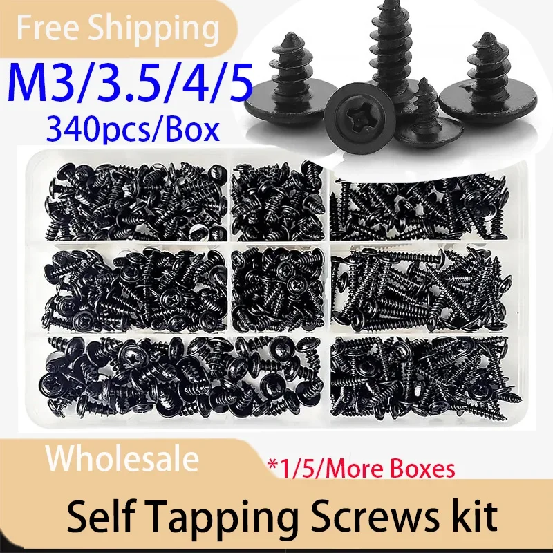 340pcs/Box Cross Head Self Tapping Screws Set Pan Head Tapping Screw  Assortment Kit Black Furniture Carbon Steel M3/M3.5/M4/M5