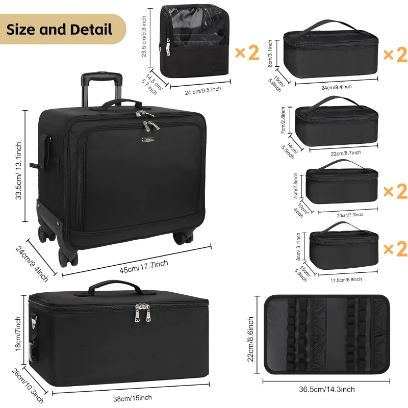 حقيبة فنان مكياج احترافية 4 في 1 حقيبة مستحضرات تجميل دوارة منظم حقيبة سفر كبيرة جدًا مع