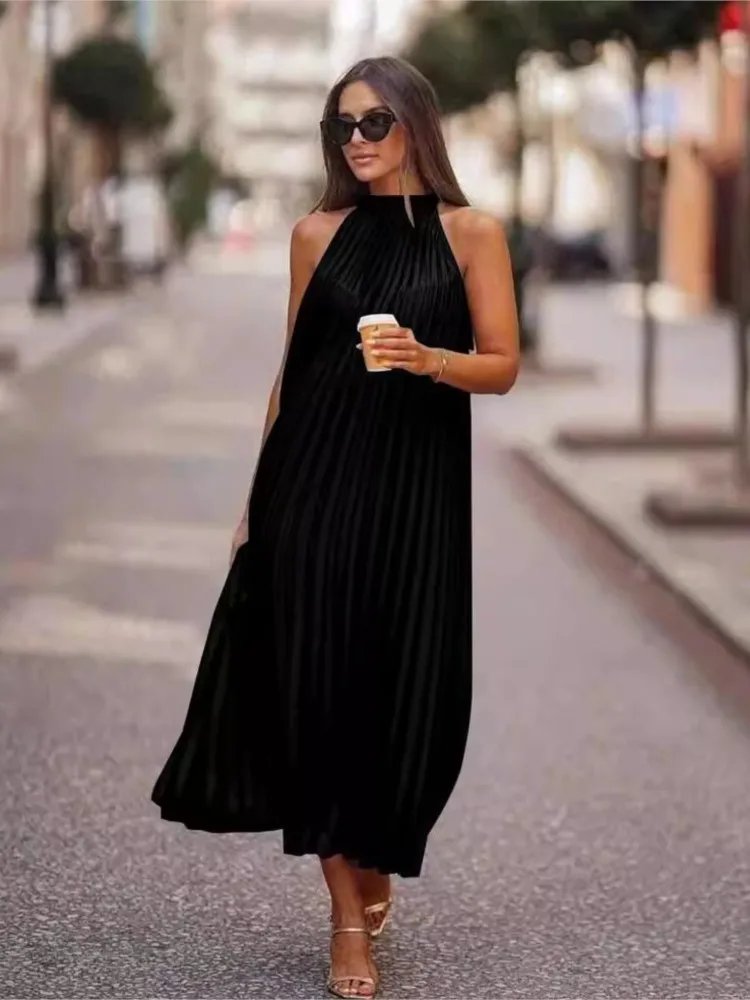 Gradientowe sukienki plisowane z dekoltem w szpic Moda damska Modna luźna długa sukienka bez rękawów Casual Summer Vacation Vestidos Streetwear