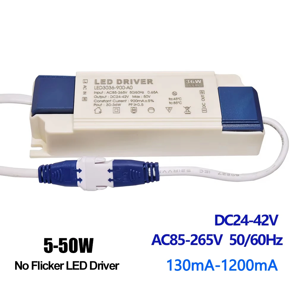 

AC85-265V LED Driver Power Supply 20W 30W 36W 40W 50W Lamp Light Transformer DC24-42V 500mA 600mA 700mA 900mA 1050mA 1200mA