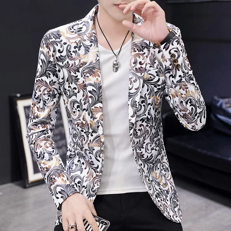 HOO 2024 Men's Autumn New Personality Slim Fit Printed blazer Youth Handsome Casual  suit jacket blazers