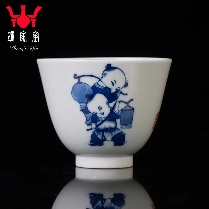 

Zhongjia Kiln Small Teacup Jingdezhen Tea Cup Single Master Cup Blue and White Figure Firewood Kiln Children's Fun Personal Tea