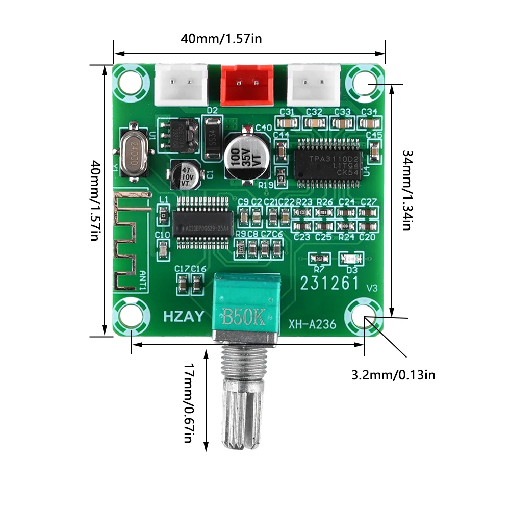 XH-A236 Placa Amplificadora Digital, 12V, 24V, Dual Channel, 30W + 30W, Compatível com Bluetooth 5.0, Módulo de Amplificação de Áudio, TPA3110D2