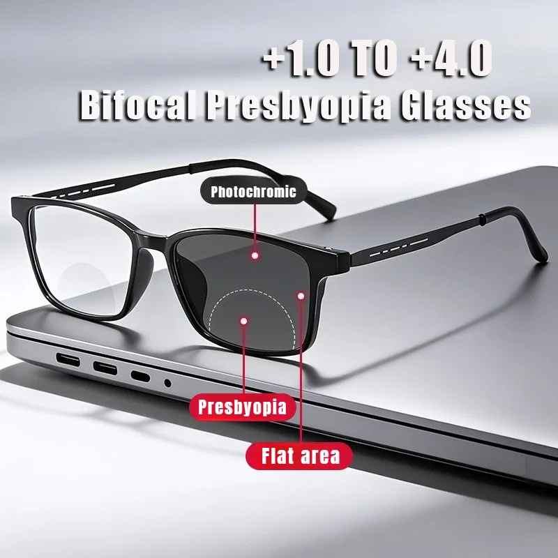Small-frame Square Bifocals for Presbyopia Photochromic UV-protective Business Glasses for Men Classic Bifocal Reading Eyewear