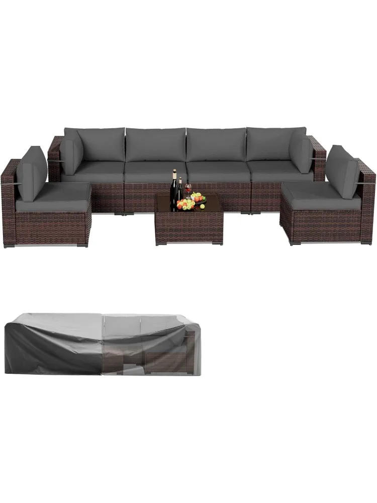 

Patio Furniture Sets, 7 Pieces Outdoor Rattan Sectional Sofa Set with Glass Table and Cushions, Wicker Patio Conversati