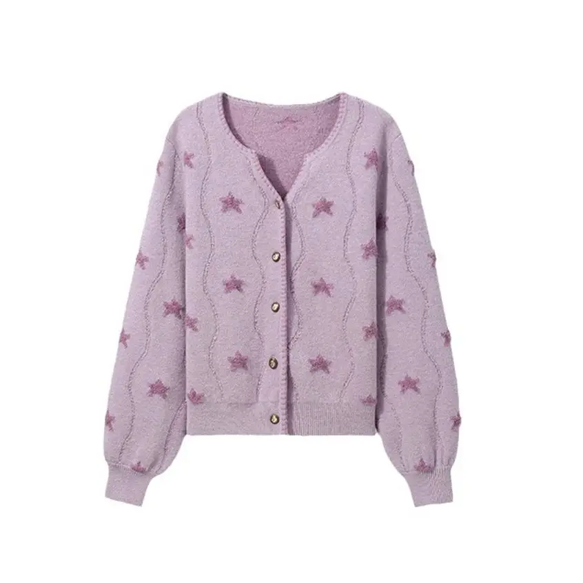

Soft V-neck Knitted Cardigan Sweater Women's Spring Autumn New Casual Gentle Wind Top Korean Style Button Star Print Clothing