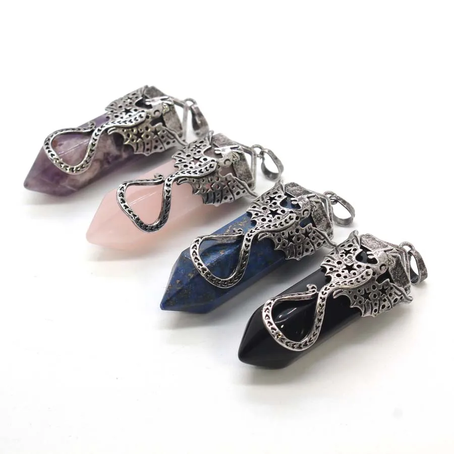 Animal Dragon Crystal Hexagon Prism Stone Man Pendants Natural Amethyst Rose Quartz Lapis Lazuli Agate Pendant Women Jewelry