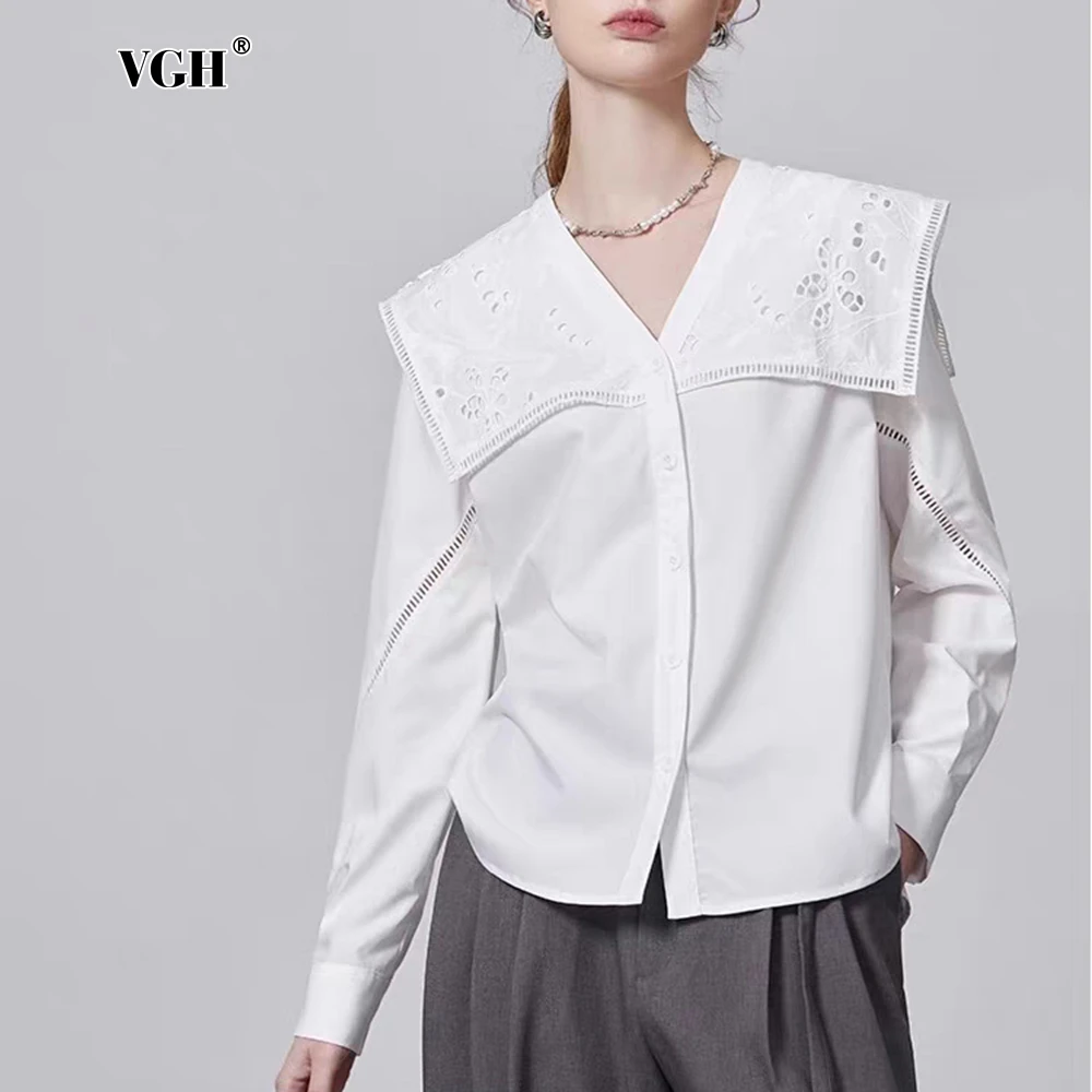 VGH Elegant White Shirt For Women V Neck Long Sleeve Spliced Button Hollow Design Temperament Korean Style Blouse Female Fashion