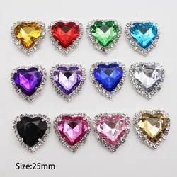 Colore argento 25mm a forma di cuore acrilico fondo piatto strass gioielli in metallo fai da te con fori accessori decorativi per cucire