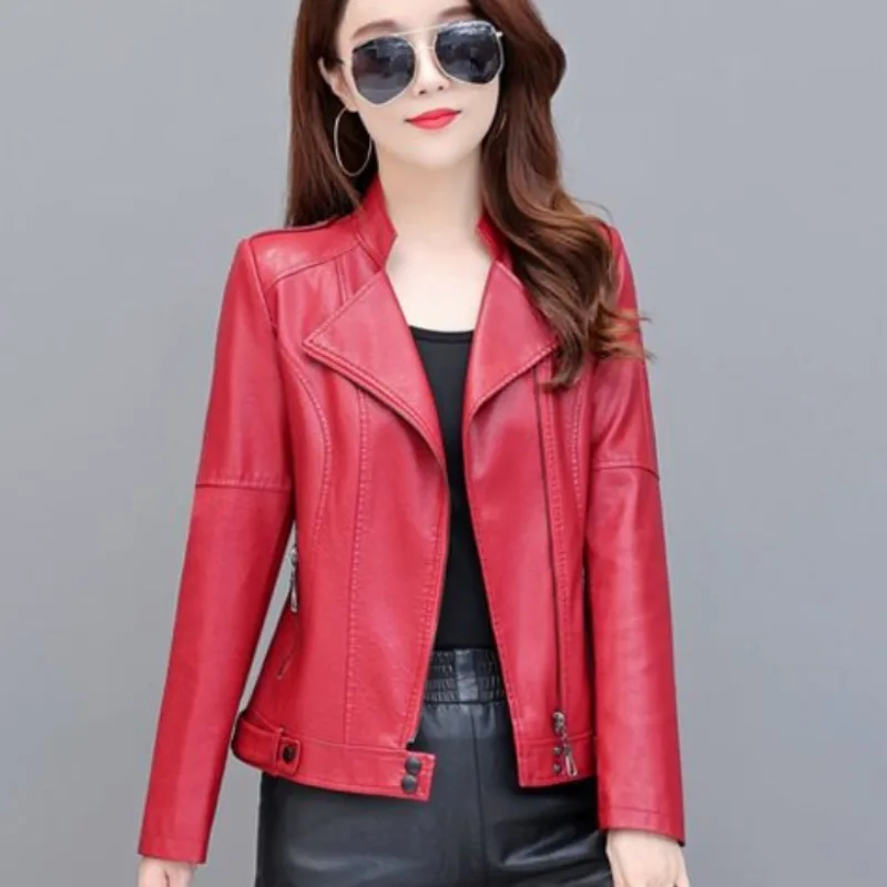 Abrigo informal de cuero fino para mujer, chaqueta de motociclista, abrigo superior, prendas de vestir cortas y delgadas, moda de otoño e invierno,